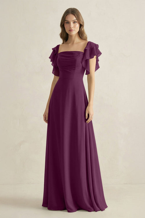 Ruffled Sleeves A-Line Chiffon Bridesmaid Dress in Fig - SHE IS ME BRIDESMAID DRESSES