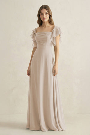 Ruffled Sleeves A-Line Chiffon Bridesmaid Dress in Frost - SHE IS ME BRIDESMAID DRESSES