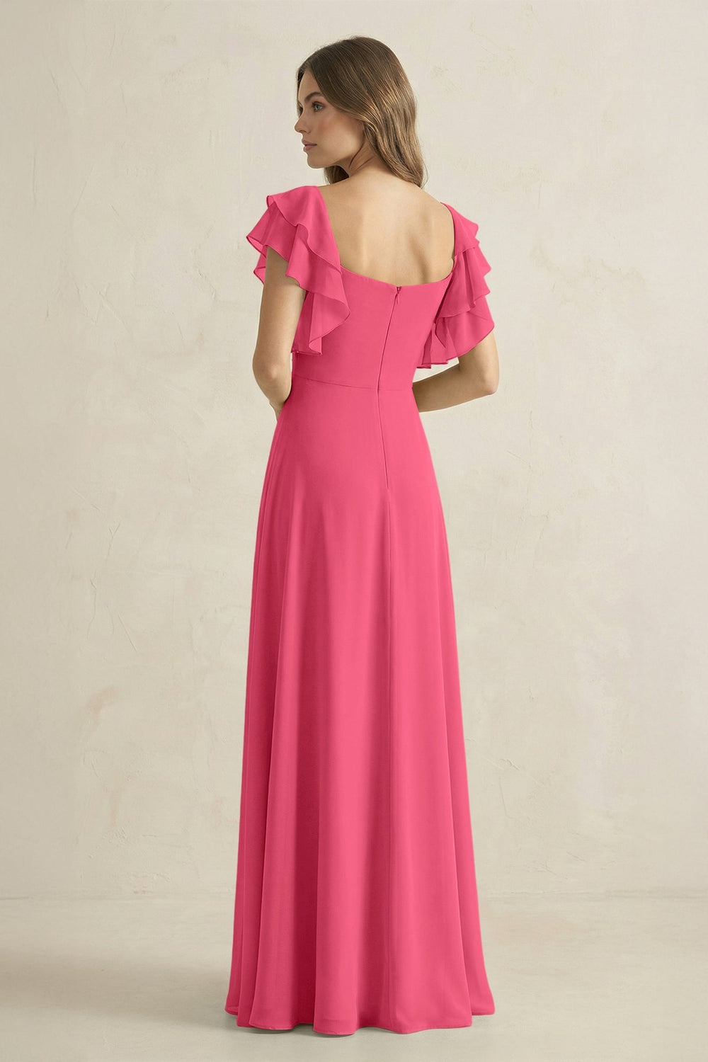 Ruffled Sleeves A-Line Chiffon Bridesmaid Dress in Fuchsia - KISS BRIDAL BRIDESMAID DRESSES