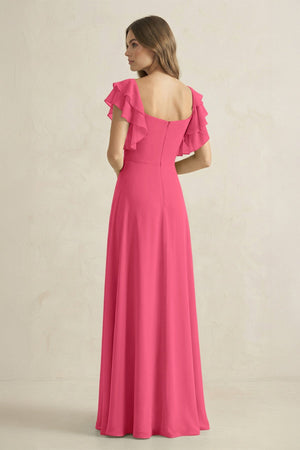 Ruffled Sleeves A-Line Chiffon Bridesmaid Dress in Fuchsia - SHE IS ME BRIDESMAID DRESSES