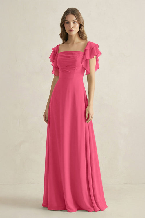 Ruffled Sleeves A-Line Chiffon Bridesmaid Dress in Fuchsia - SHE IS ME BRIDESMAID DRESSES