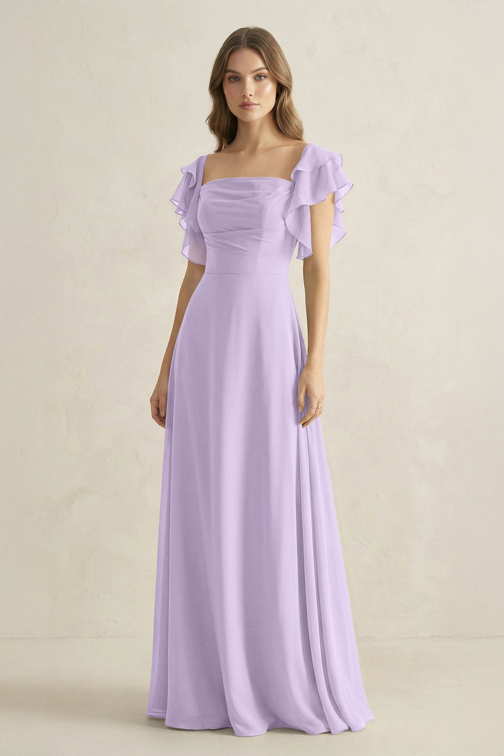 Ruffled Sleeves A-Line Chiffon Bridesmaid Dress in Lavender - KISS BRIDAL BRIDESMAID DRESSES