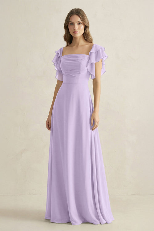 Ruffled Sleeves A-Line Chiffon Bridesmaid Dress in Lavender - SHE IS ME BRIDESMAID DRESSES