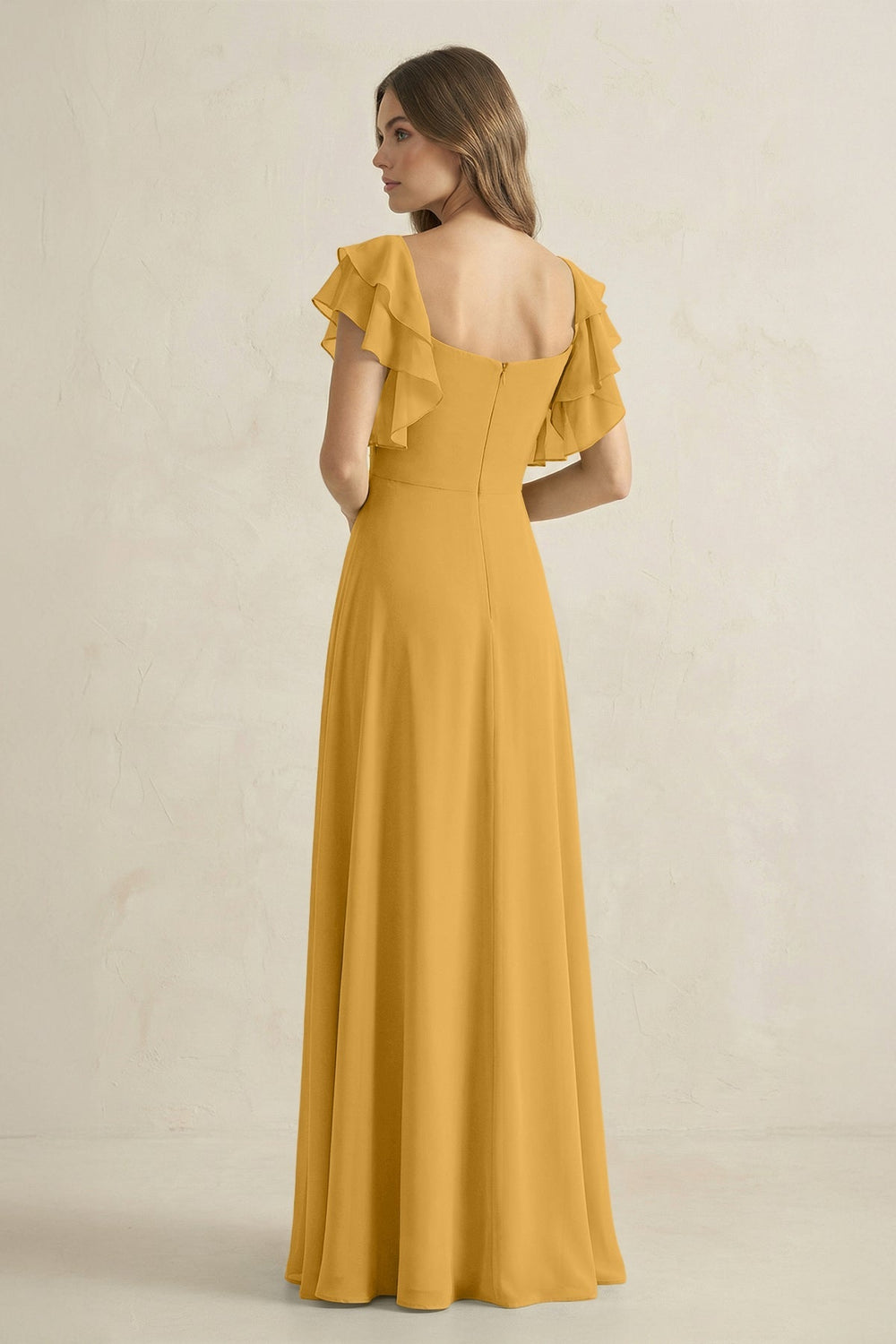 Ruffled Sleeves A-Line Chiffon Bridesmaid Dress in Marigold - KISS BRIDAL BRIDESMAID DRESSES