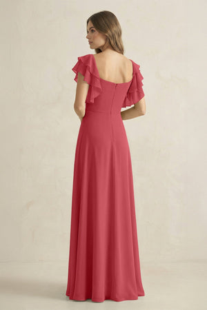 Ruffled Sleeves A-Line Chiffon Bridesmaid Dress in Merlot - SHE IS ME BRIDESMAID DRESSES