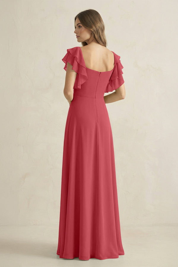 Ruffled Sleeves A-Line Chiffon Bridesmaid Dress in Merlot - SHE IS ME BRIDESMAID DRESSES