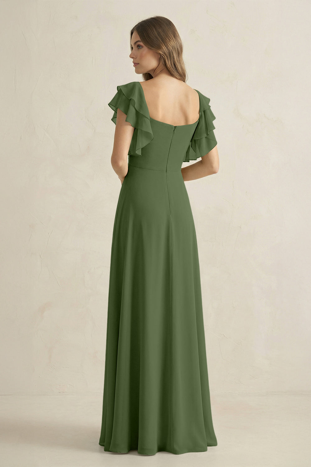 Ruffled Sleeves A-Line Chiffon Bridesmaid Dress in Moss