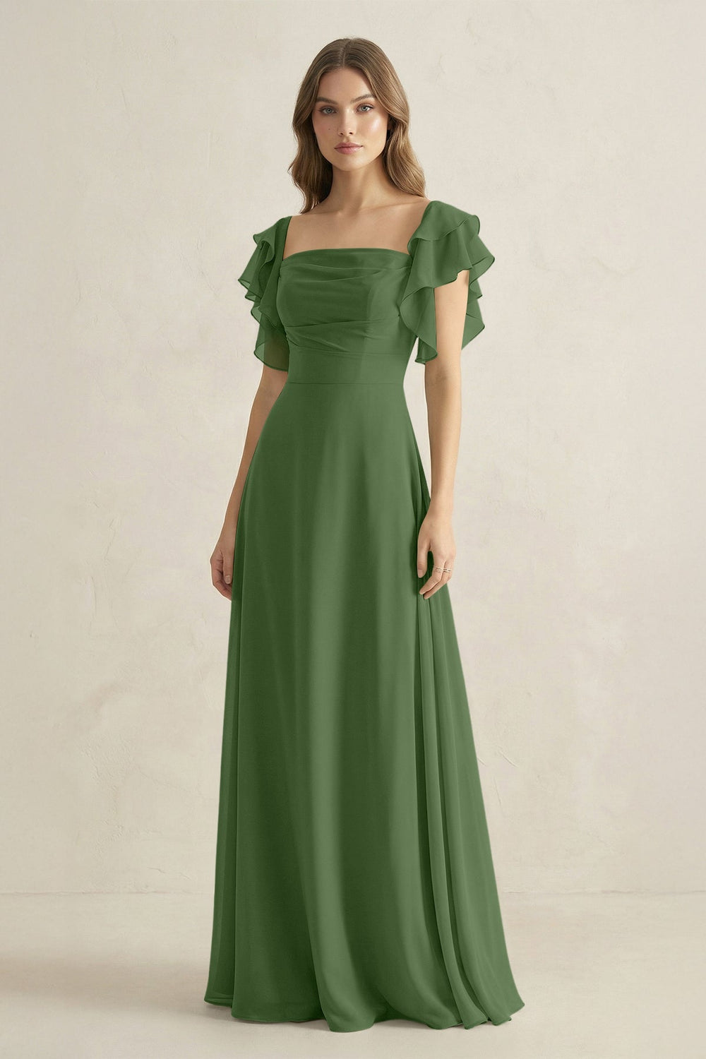 Ruffled Sleeves A-Line Chiffon Bridesmaid Dress in Moss - KISS BRIDAL BRIDESMAID DRESSES
