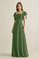Ruffled Sleeves A-Line Chiffon Bridesmaid Dress in Moss - SHE IS ME BRIDESMAID DRESSES