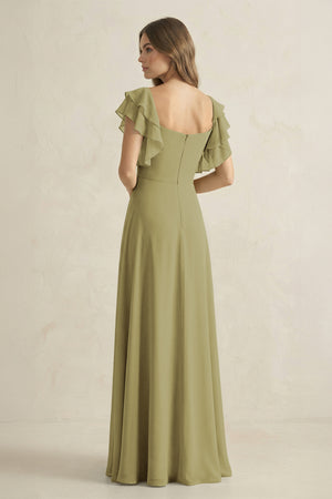 Ruffled Sleeves A-Line Chiffon Bridesmaid Dress in Moss Green (2) | KISSBRIDAL