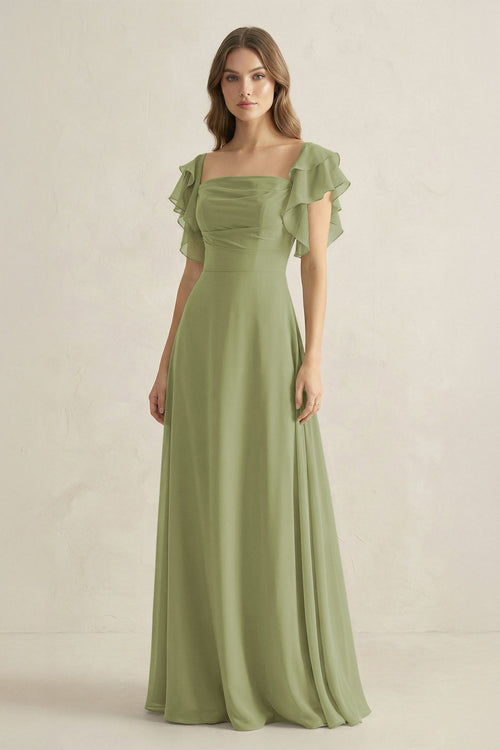 Ruffled Sleeves A-Line Chiffon Bridesmaid Dress in Moss Green - SHE IS ME BRIDESMAID DRESSES