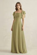 Ruffled Sleeves A-Line Chiffon Bridesmaid Dress in Moss Green | KISSBRIDAL