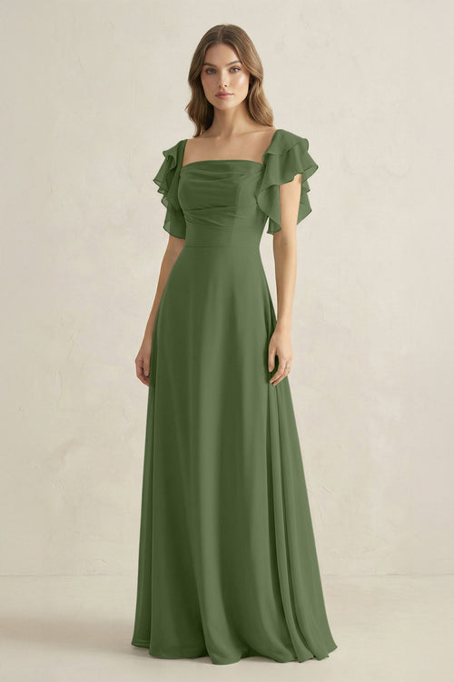 Ruffled Sleeves A-Line Chiffon Bridesmaid Dress in Moss | KISSBRIDAL