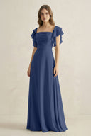 Ruffled Sleeves A-Line Chiffon Bridesmaid Dress in Navy - SHE IS ME BRIDESMAID DRESSES