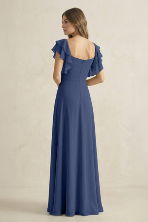 Ruffled Sleeves A-Line Chiffon Bridesmaid Dress in Navy - SHE IS ME BRIDESMAID DRESSES