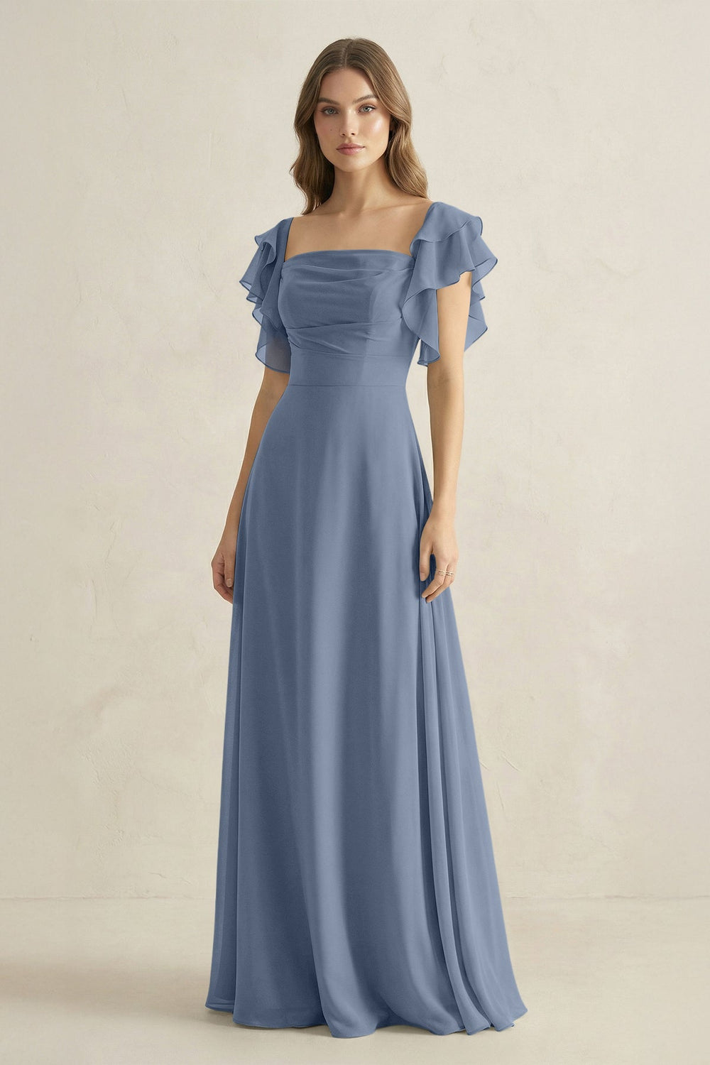 Ruffled Sleeves A-Line Chiffon Bridesmaid Dress in Neptune - KISS BRIDAL BRIDESMAID DRESSES