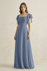 Ruffled Sleeves A-Line Chiffon Bridesmaid Dress in Neptune - KISS BRIDAL BRIDESMAID DRESSES