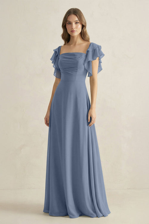 Ruffled Sleeves A-Line Chiffon Bridesmaid Dress in Neptune - SHE IS ME BRIDESMAID DRESSES