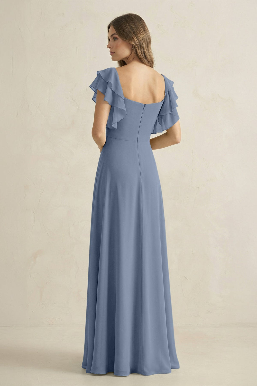 Ruffled Sleeves A-Line Chiffon Bridesmaid Dress in Neptune - KISS BRIDAL BRIDESMAID DRESSES