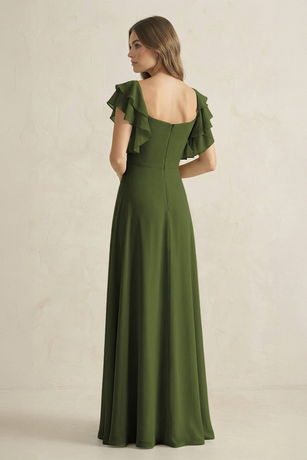 Ruffled Sleeves A-Line Chiffon Bridesmaid Dress in Olive - KISS BRIDAL BRIDESMAID DRESSES