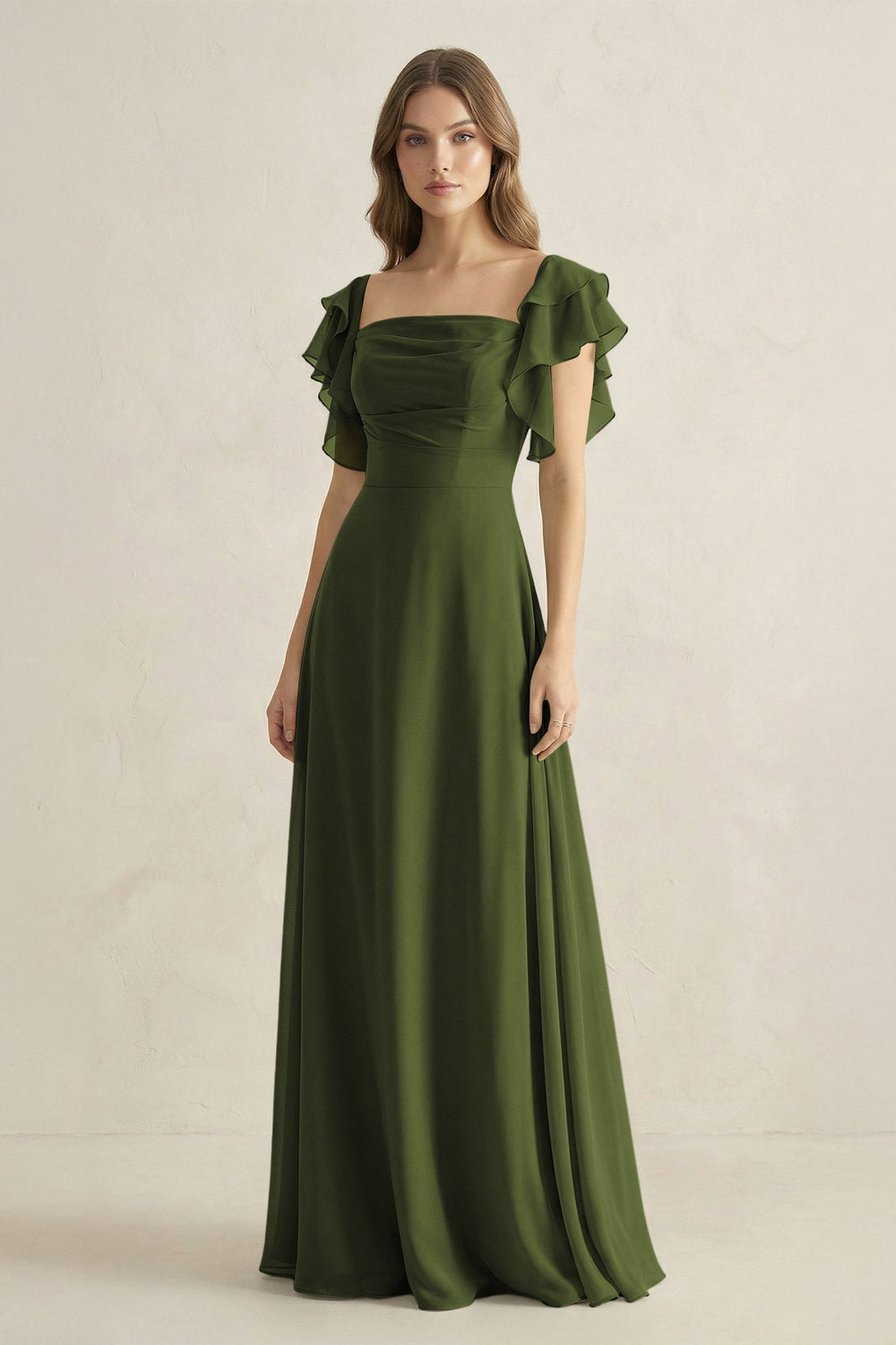 Ruffled Sleeves A-Line Chiffon Bridesmaid Dress in Olive - KISS BRIDAL BRIDESMAID DRESSES