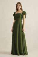 Ruffled Sleeves A-Line Chiffon Bridesmaid Dress in Olive - SHE IS ME BRIDESMAID DRESSES