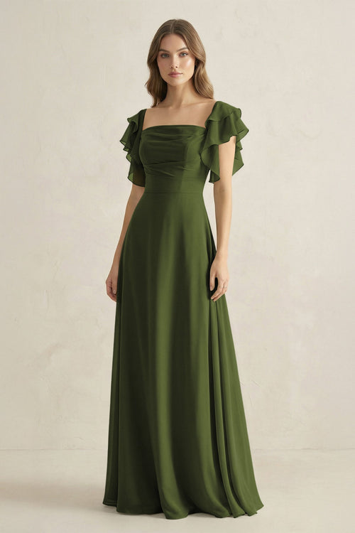 Ruffled Sleeves A-Line Chiffon Bridesmaid Dress in Olive - SHE IS ME BRIDESMAID DRESSES