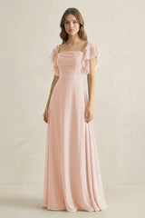 Ruffled Sleeves A-Line Chiffon Bridesmaid Dress in Pale Blush - KISS BRIDAL BRIDESMAID DRESSES