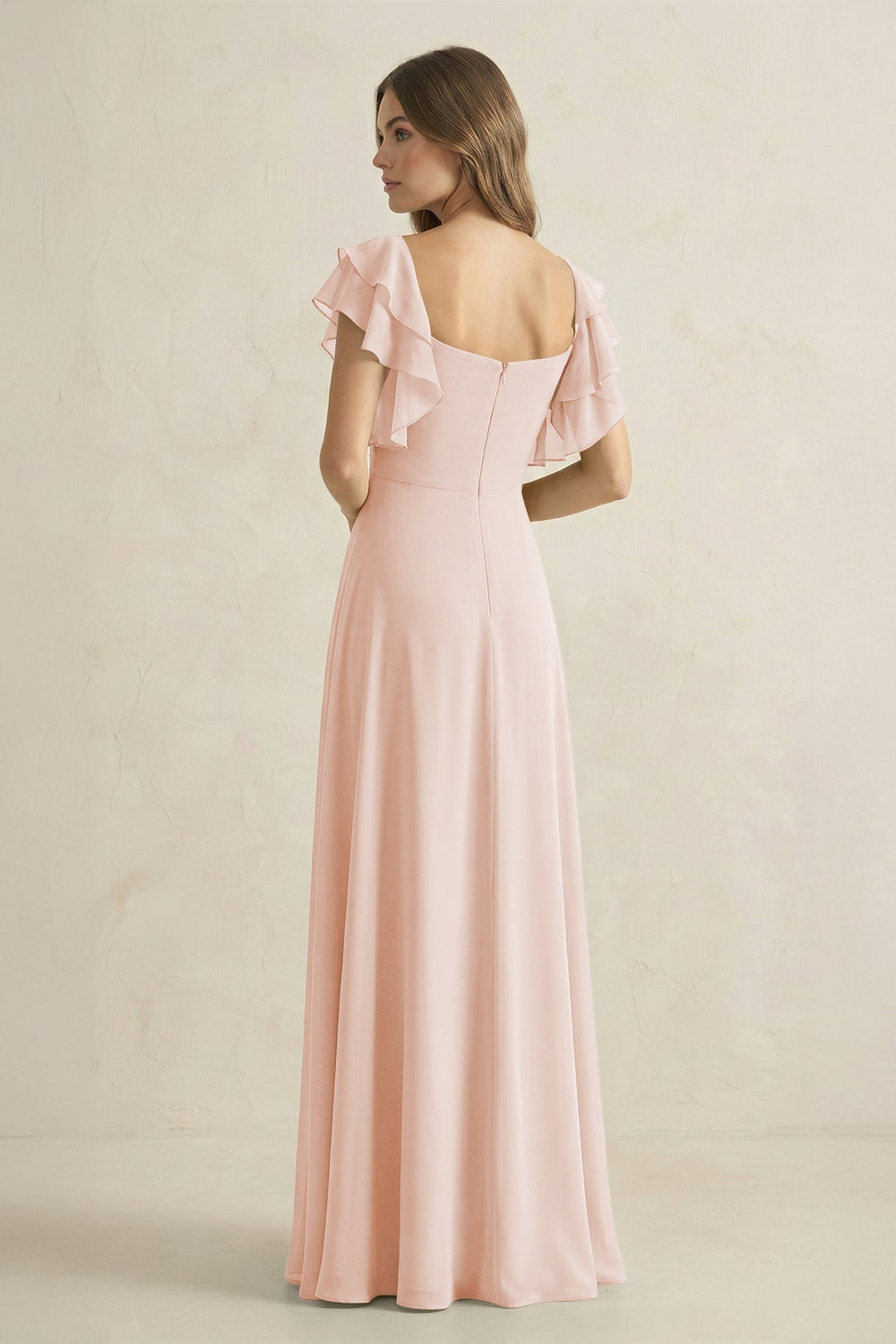 Ruffled Sleeves A-Line Chiffon Bridesmaid Dress in Pale Blush - KISS BRIDAL BRIDESMAID DRESSES