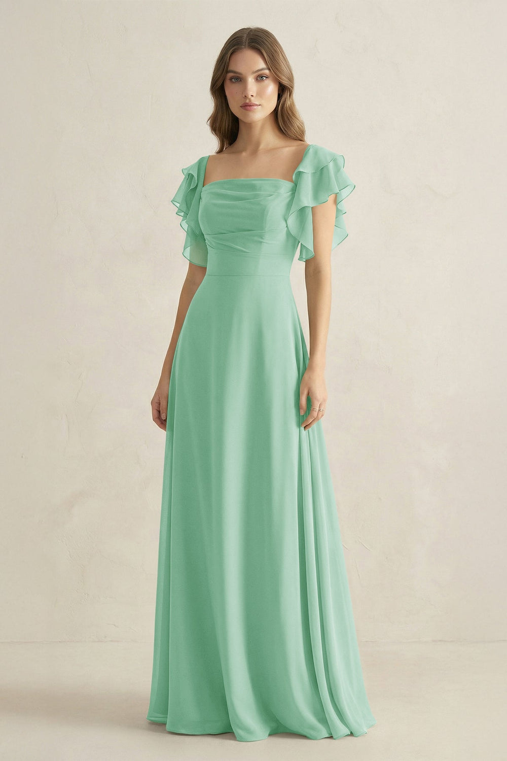 Ruffled Sleeves A-Line Chiffon Bridesmaid Dress in Pale Pistachio - KISS BRIDAL BRIDESMAID DRESSES