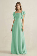 Ruffled Sleeves A-Line Chiffon Bridesmaid Dress in Pale Pistachio - SHE IS ME BRIDESMAID DRESSES