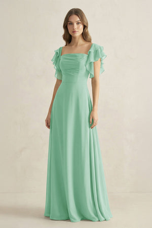 Ruffled Sleeves A-Line Chiffon Bridesmaid Dress in Pale Pistachio - SHE IS ME BRIDESMAID DRESSES