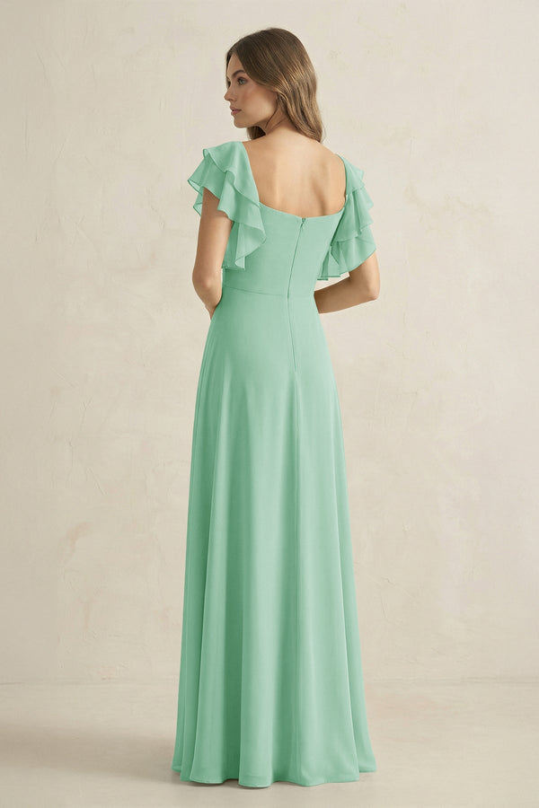 Ruffled Sleeves A-Line Chiffon Bridesmaid Dress in Pale Pistachio - SHE IS ME BRIDESMAID DRESSES