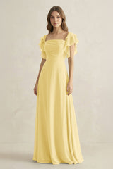 Ruffled Sleeves A-Line Chiffon Bridesmaid Dress in Pastel Yellow - KISS BRIDAL BRIDESMAID DRESSES