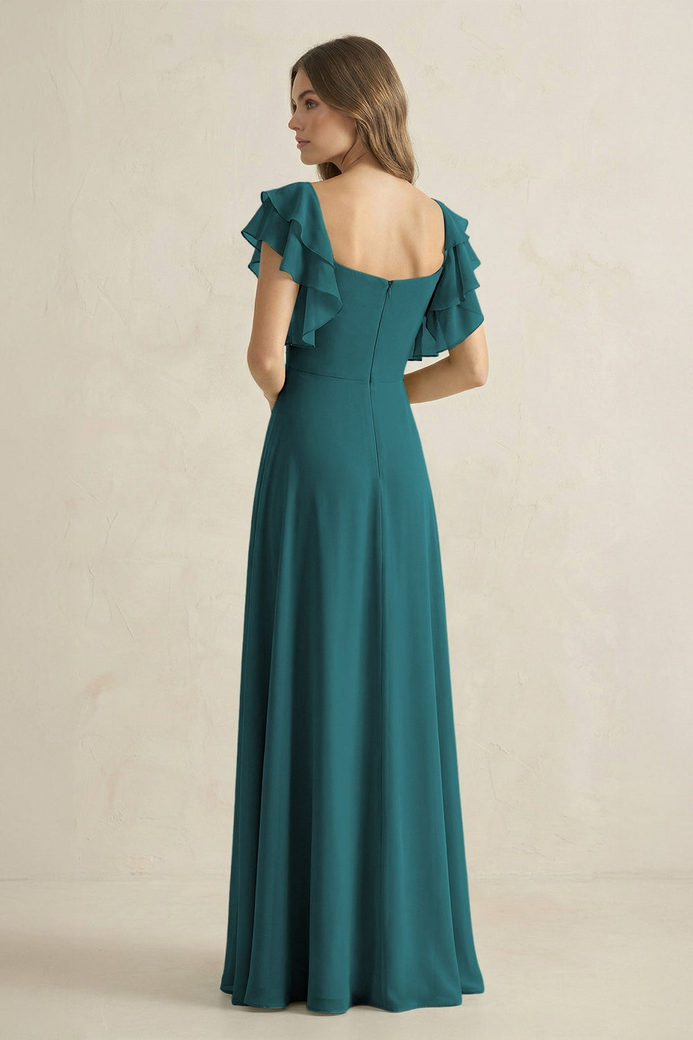 Ruffled Sleeves A-Line Chiffon Bridesmaid Dress in Pine - KISS BRIDAL BRIDESMAID DRESSES