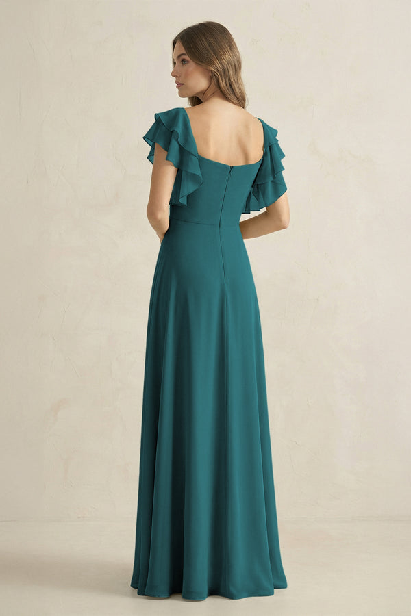 Ruffled Sleeves A-Line Chiffon Bridesmaid Dress in Pine - SHE IS ME BRIDESMAID DRESSES