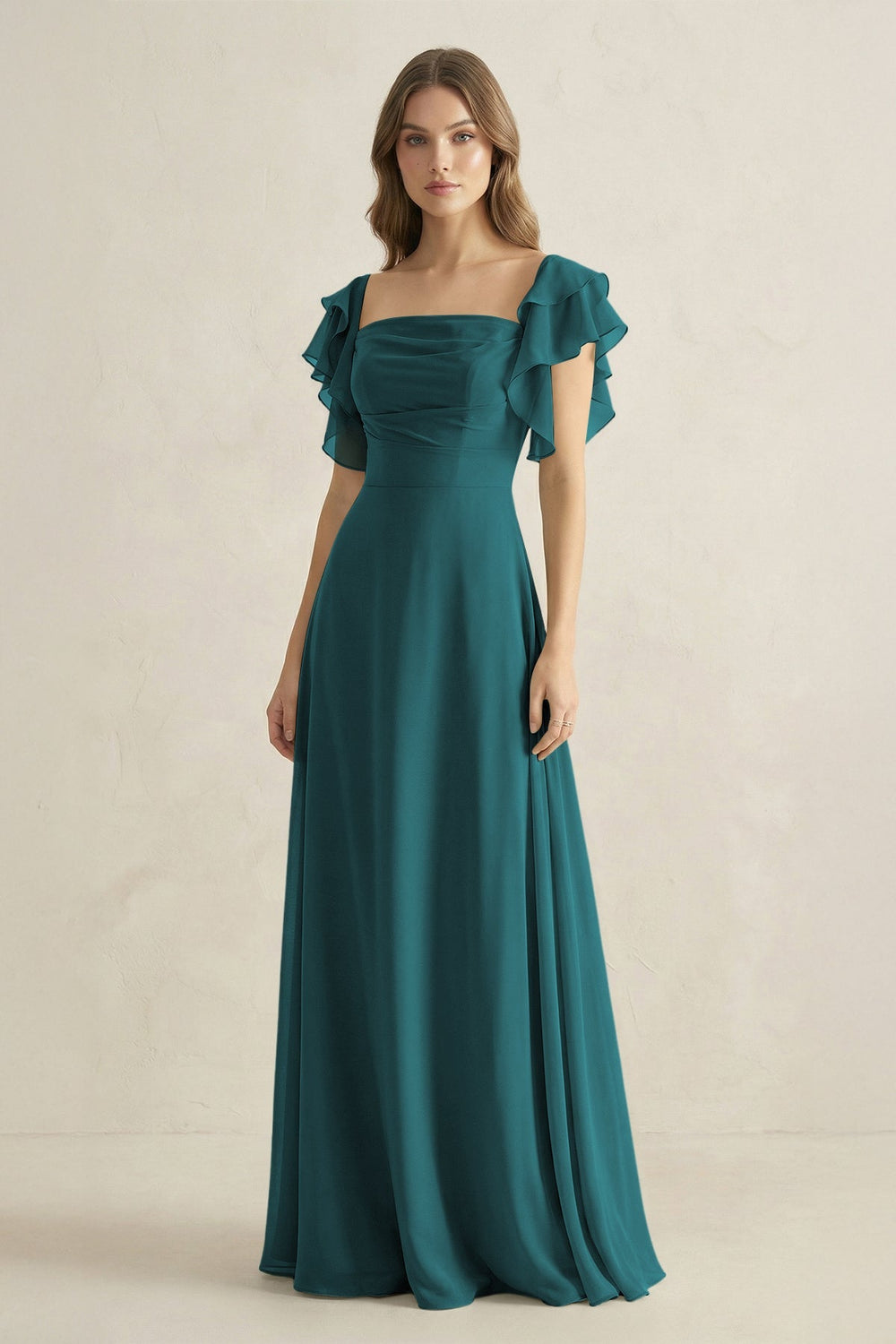 Ruffled Sleeves A-Line Chiffon Bridesmaid Dress in Pine - KISS BRIDAL BRIDESMAID DRESSES