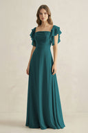 Ruffled Sleeves A-Line Chiffon Bridesmaid Dress in Pine - SHE IS ME BRIDESMAID DRESSES