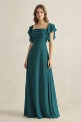 Ruffled Sleeves A-Line Chiffon Bridesmaid Dress in Pine - KISS BRIDAL BRIDESMAID DRESSES