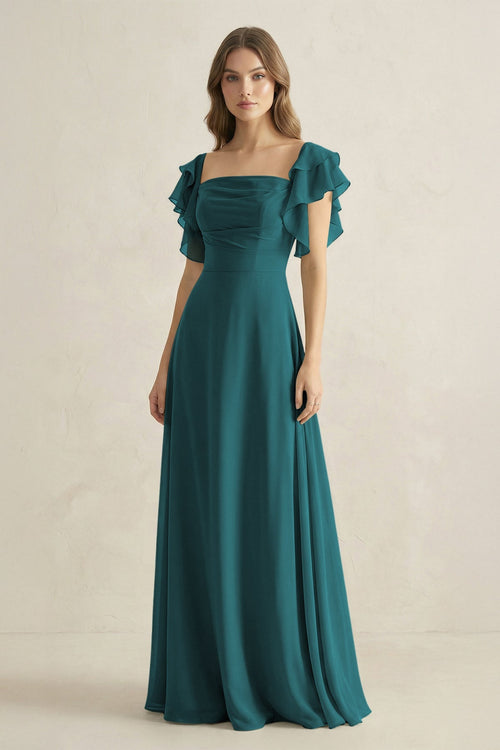 Ruffled Sleeves A-Line Chiffon Bridesmaid Dress in Pine - SHE IS ME BRIDESMAID DRESSES
