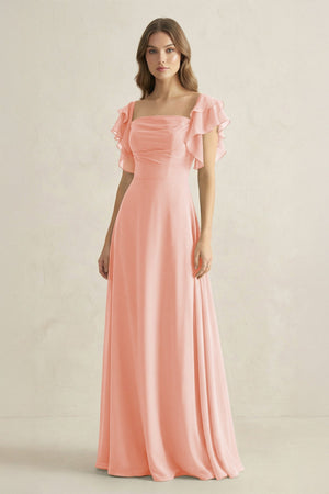 Ruffled Sleeves A-Line Chiffon Bridesmaid Dress in Rose Petal - SHE IS ME BRIDESMAID DRESSES