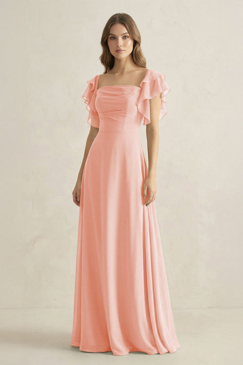 Ruffled Sleeves A-Line Chiffon Bridesmaid Dress in Rose Petal - SHE IS ME BRIDESMAID DRESSES