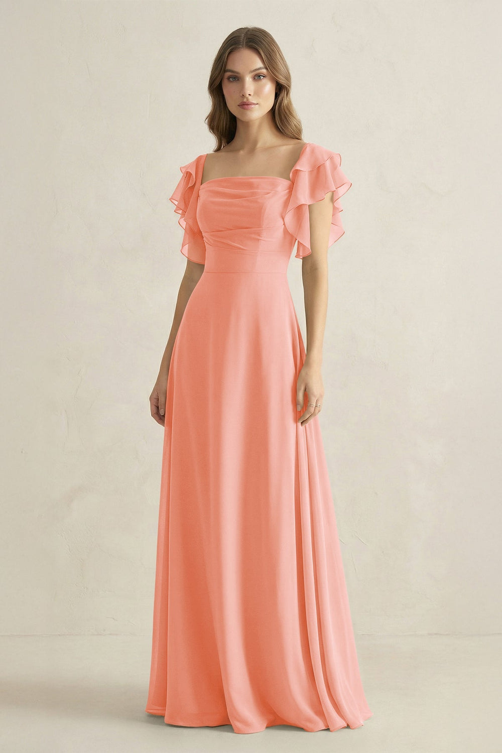 Ruffled Sleeves A-Line Chiffon Bridesmaid Dress in Rosette - KISS BRIDAL BRIDESMAID DRESSES