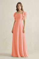 Ruffled Sleeves A-Line Chiffon Bridesmaid Dress in Rosette - SHE IS ME BRIDESMAID DRESSES