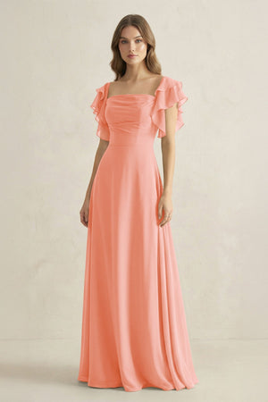 Ruffled Sleeves A-Line Chiffon Bridesmaid Dress in Rosette - SHE IS ME BRIDESMAID DRESSES