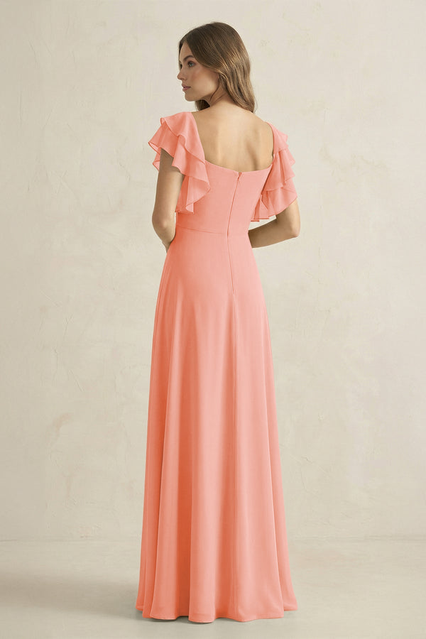 Ruffled Sleeves A-Line Chiffon Bridesmaid Dress in Rosette - SHE IS ME BRIDESMAID DRESSES