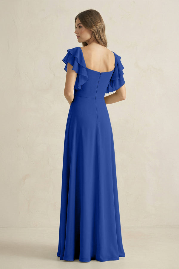 Ruffled Sleeves A-Line Chiffon Bridesmaid Dress in Royal Blue - SHE IS ME BRIDESMAID DRESSES