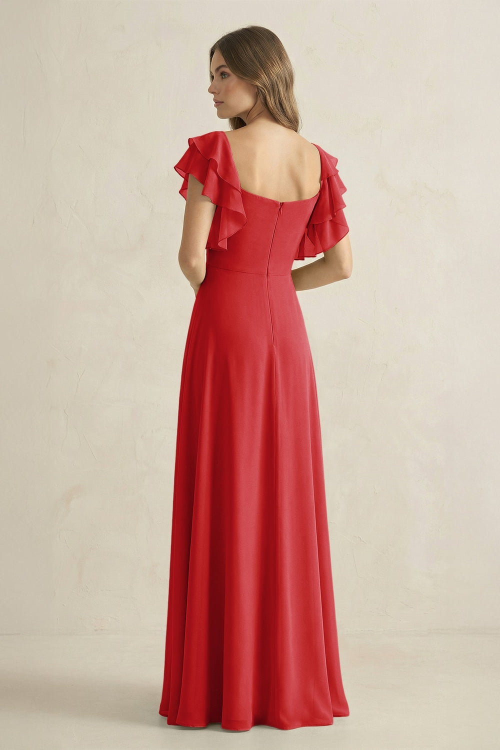 Ruffled Sleeves A-Line Chiffon Bridesmaid Dress in Ruby Red - KISS BRIDAL BRIDESMAID DRESSES
