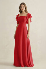 Ruffled Sleeves A-Line Chiffon Bridesmaid Dress in Ruby Red - KISS BRIDAL BRIDESMAID DRESSES