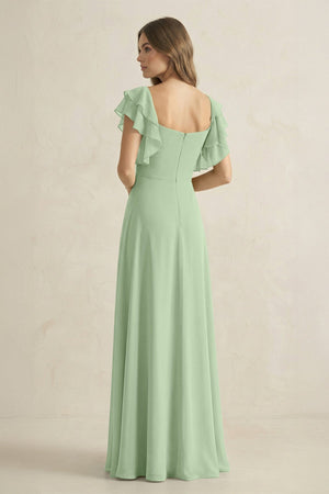 Ruffled Sleeves A-Line Chiffon Bridesmaid Dress in Sage - SHE IS ME BRIDESMAID DRESSES
